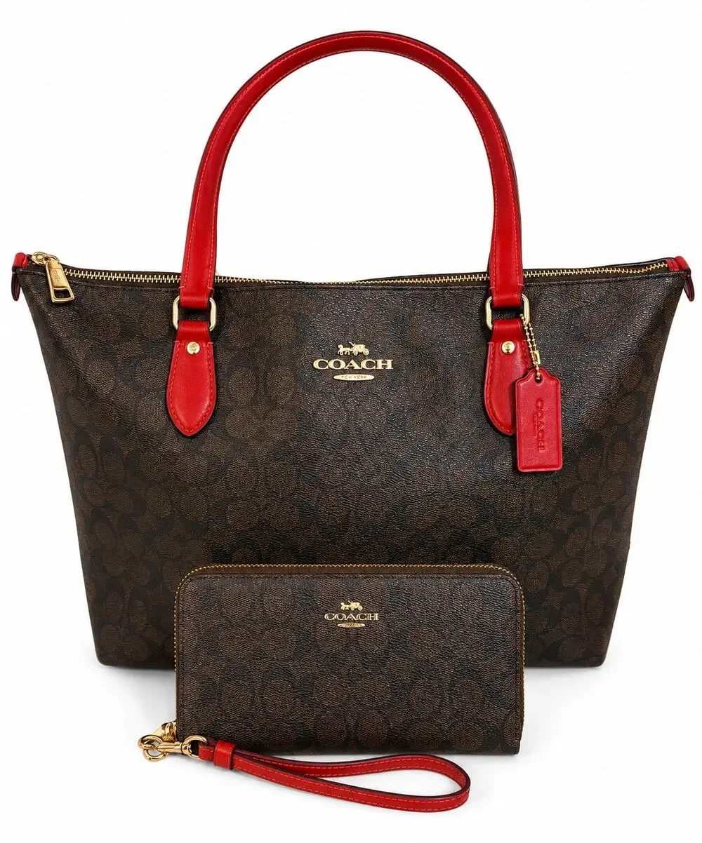 Coach City Zip Tote Brown Signature Canvas Red Leather Trim + Matching Wristlet